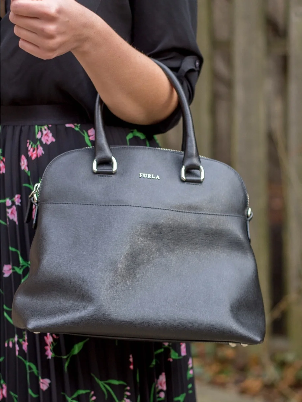 Furla black saffiano leather satchel handbag